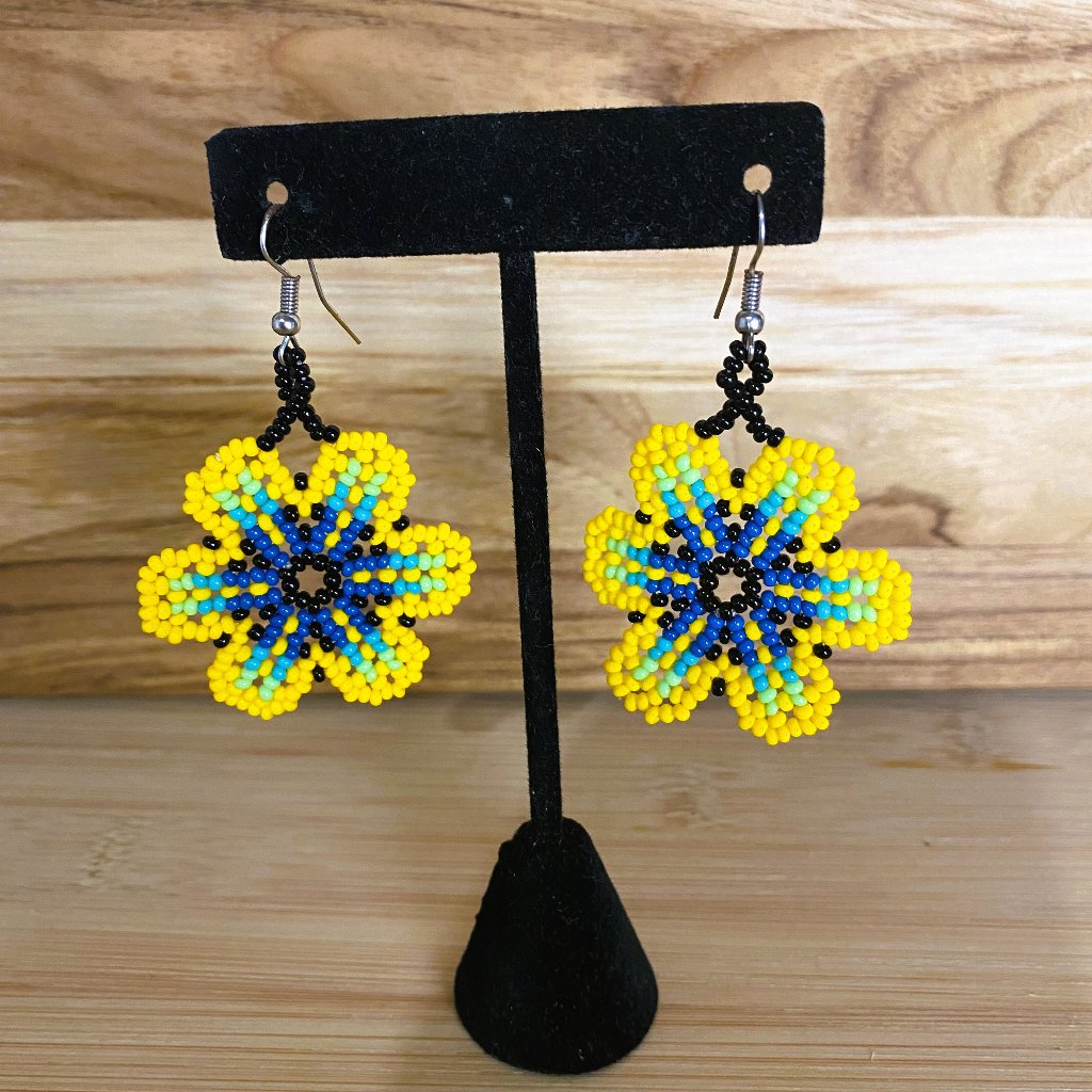 Small Hand-Made Huichol Earrings - Yellow/Blue